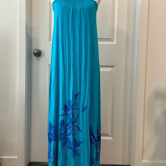 DG2 by Diane Gilman Turquoise Halter Maxi with Blue Floral Border - Picture 2 of 7